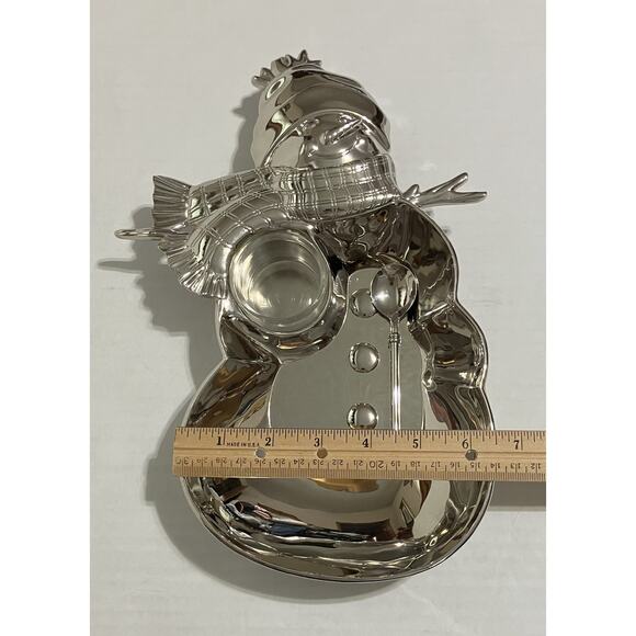 Vtg Metal Holiday Christmas Snowman Appetizer Tray Serving Dish with Spoon - Picture 6 of 8
